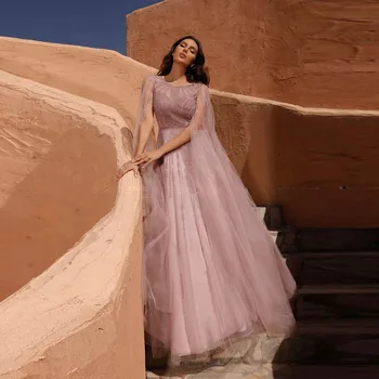 Розови Мъниста Пищни женствена рокля за фотосесия Дубайские рокли с ръкави-плащами Луксозни Буйни рокли за Бала на поръчка Фотография
