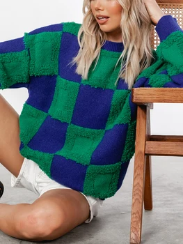 Кариран пуловер Женски есен зима с кръгло деколте и дълъг ръкав вязаный пуловер Дамска мода в контрастен цвят Ежедневните свободни скок
